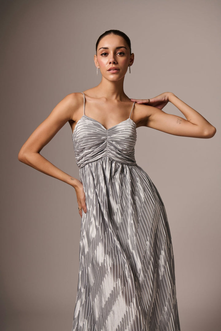 Silver Pleated Maxi Dress | EMBLAZE