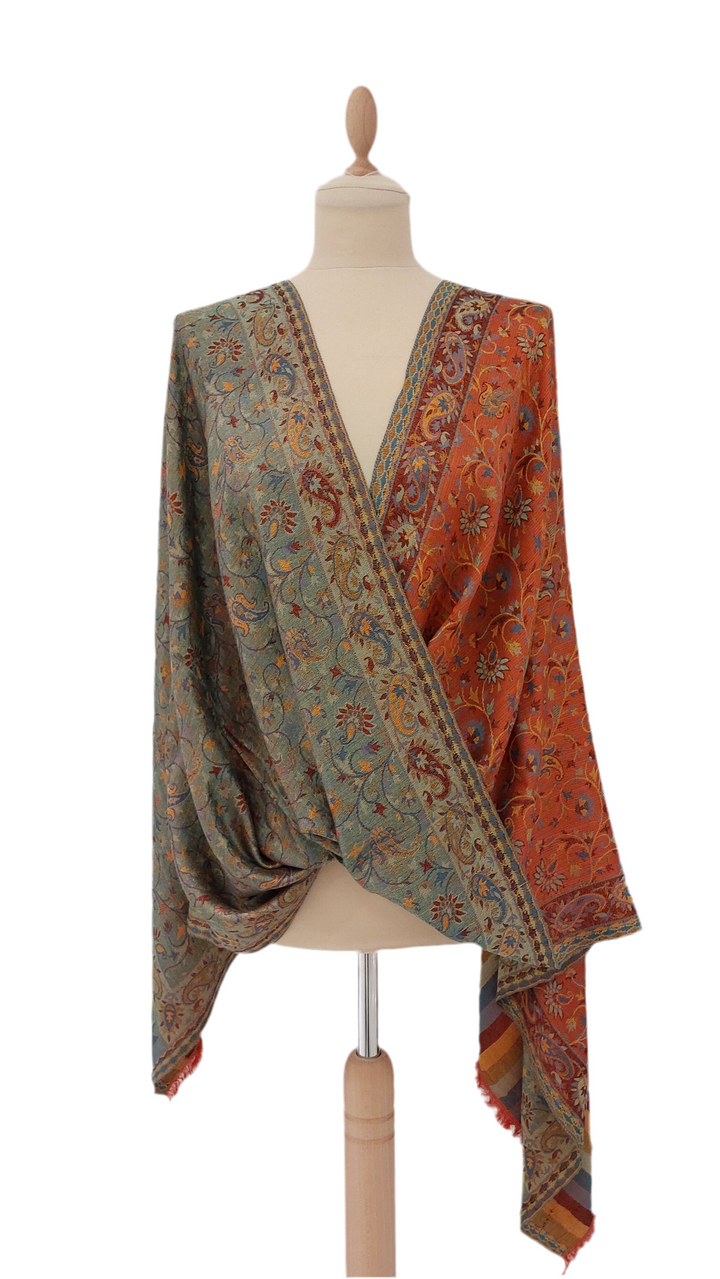 Janvi Orange & Green Cashmere Scarf | House of Inaayat