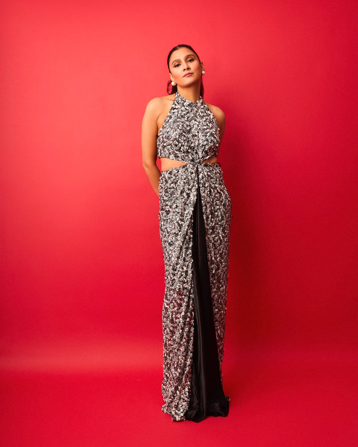 BLACK AND WHITE SEQUIN HALTER NECK CUT OUT GOWN | EMBLAZE