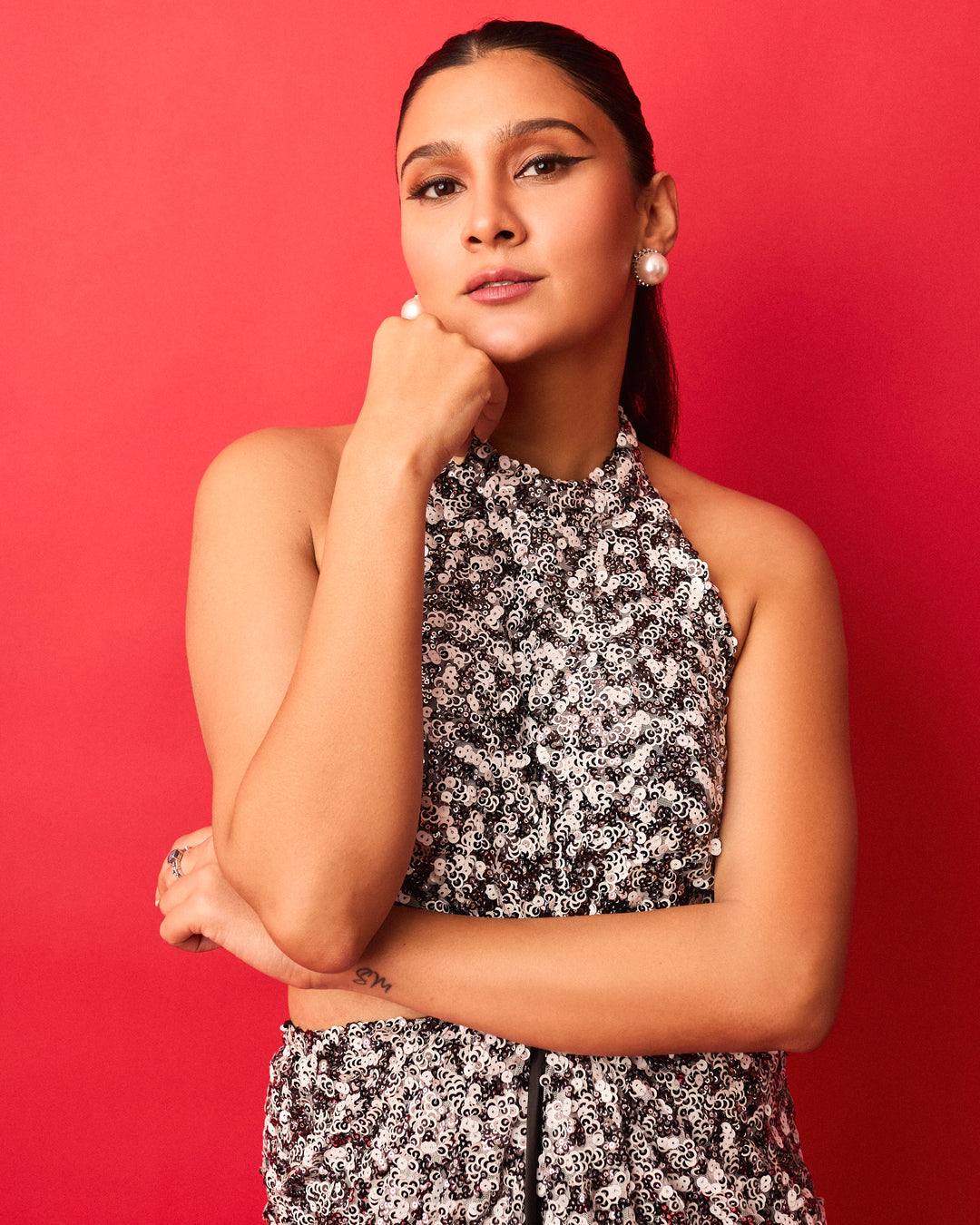 BLACK AND WHITE SEQUIN HALTER NECK CUT OUT GOWN | EMBLAZE