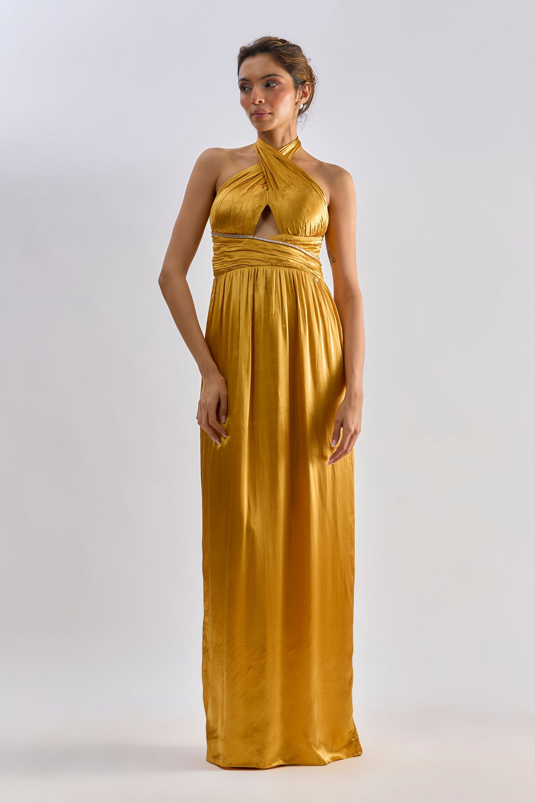 Golden satin embellished halter neck dress| EMBLAZE