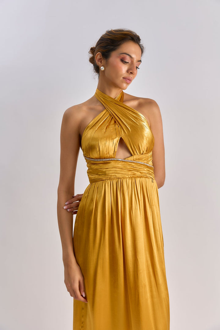 Golden satin embellished halter neck dress| EMBLAZE
