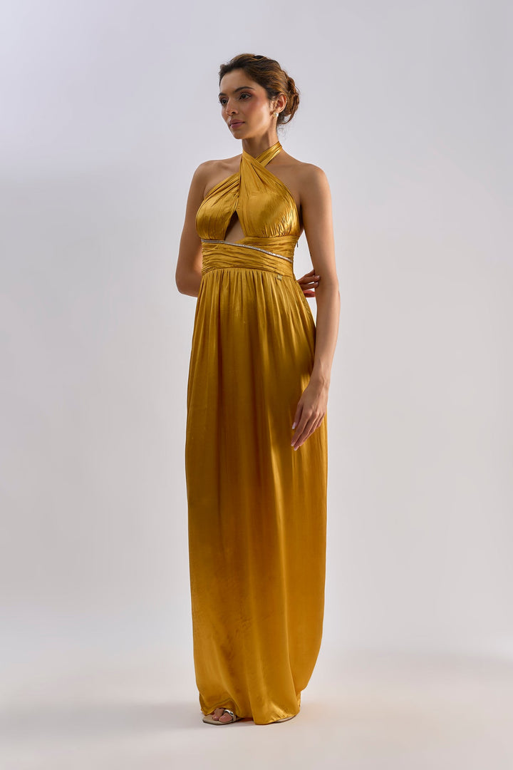 Golden satin embellished halter neck dress| EMBLAZE