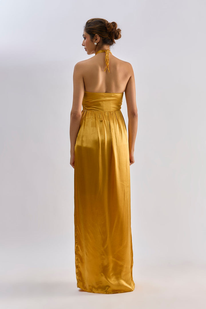 Golden satin embellished halter neck dress| EMBLAZE