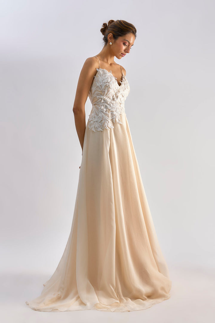 Peach organza embellished Organza gown | EMBLAZE