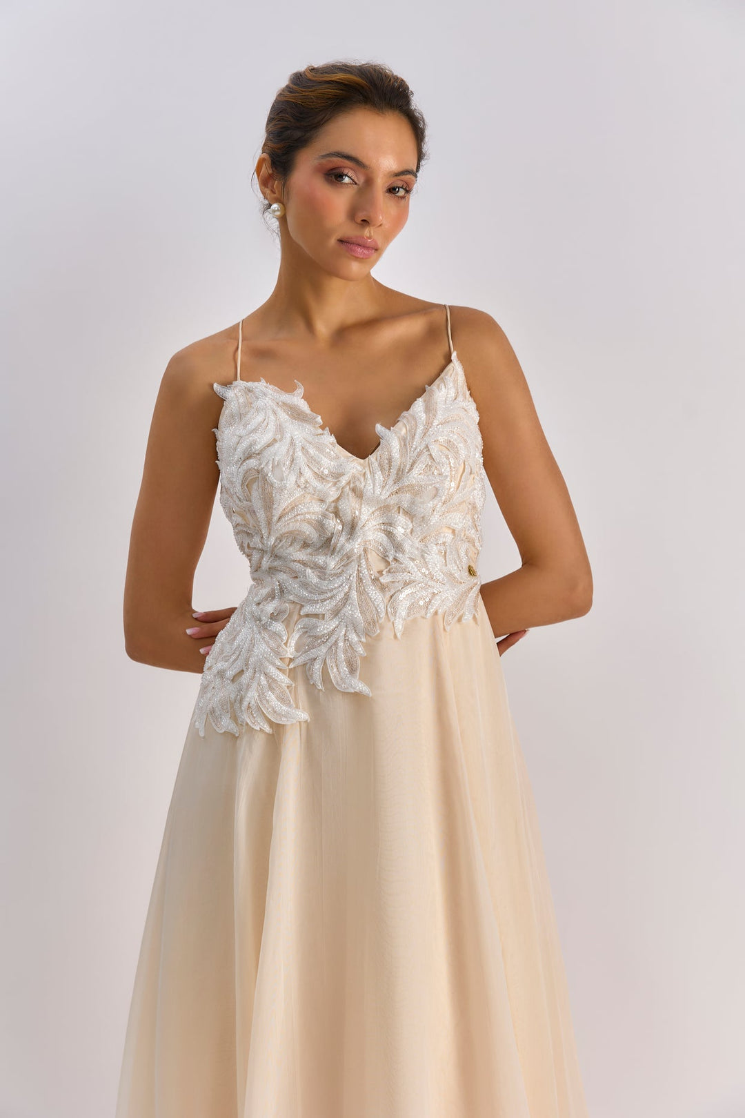 Peach organza embellished Organza gown | EMBLAZE