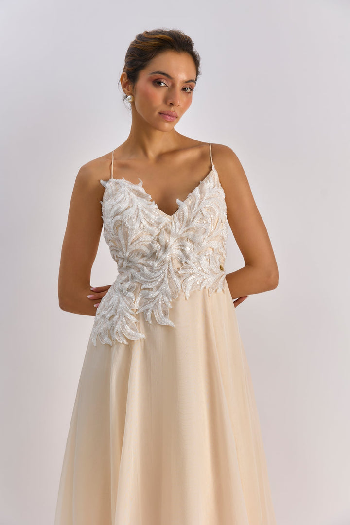 Peach organza embellished Organza gown | EMBLAZE