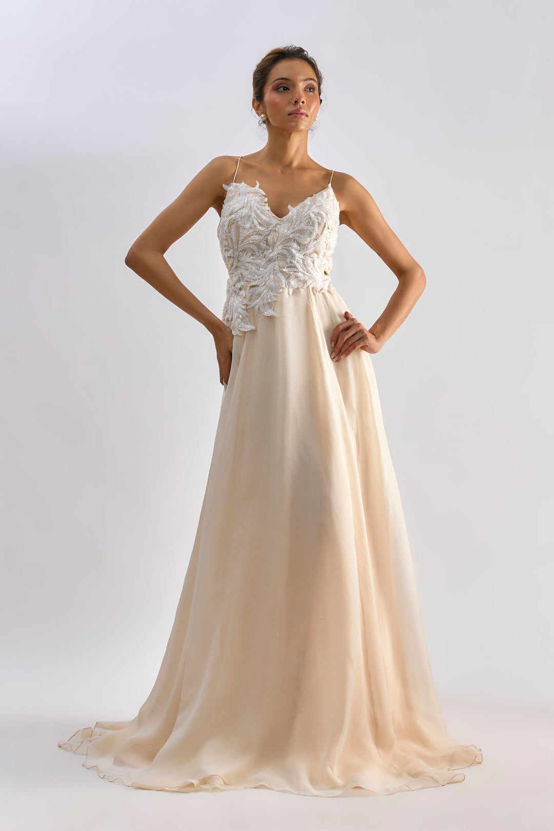 Peach organza embellished Organza gown | EMBLAZE