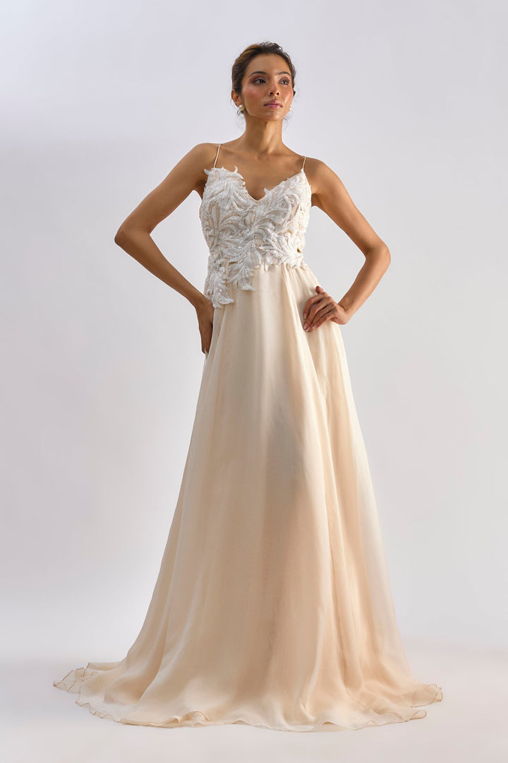 Peach organza embellished Organza gown | EMBLAZE