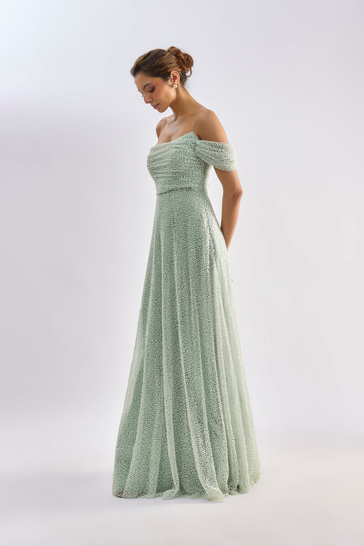 Mint tulle embellished roughed gown | EMBLAZE