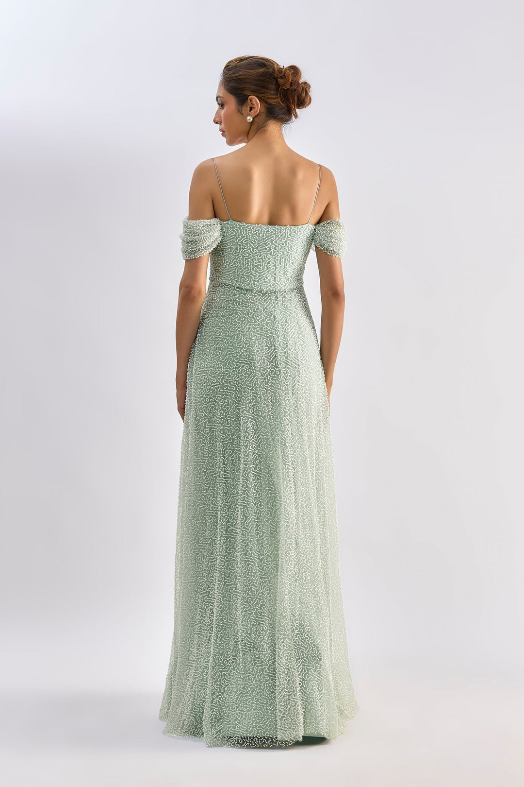 Mint tulle embellished roughed gown | EMBLAZE