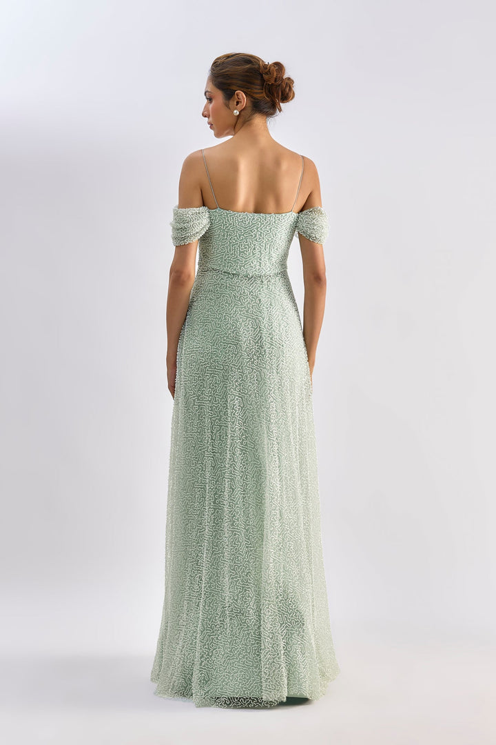 Mint tulle embellished roughed gown | EMBLAZE