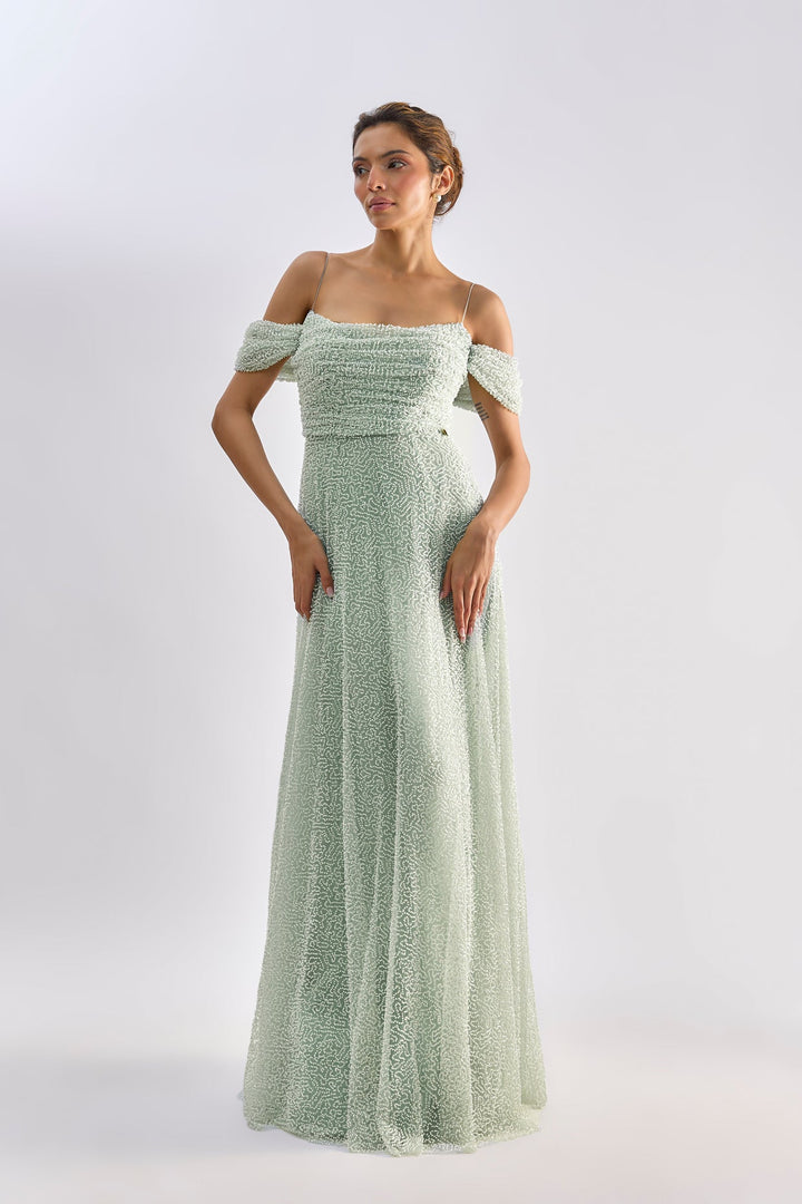 Mint tulle embellished roughed gown | EMBLAZE