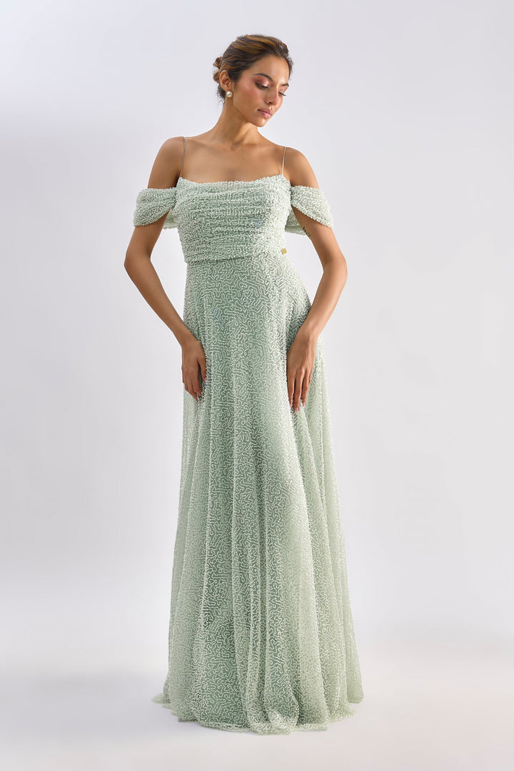 Mint tulle embellished roughed gown | EMBLAZE