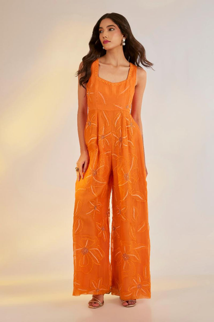 Orange Hand Embroidered Organza Jumpsuit | Shruti rawal