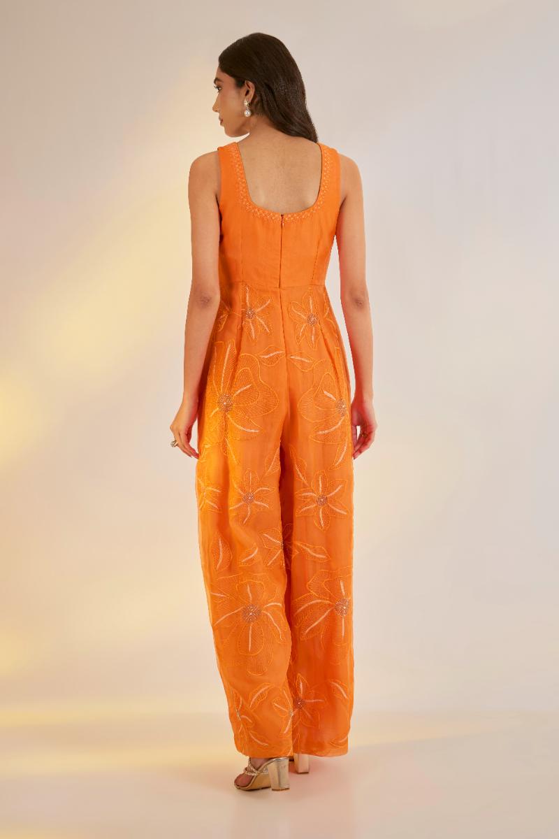 Orange Hand Embroidered Organza Jumpsuit | Shruti rawal