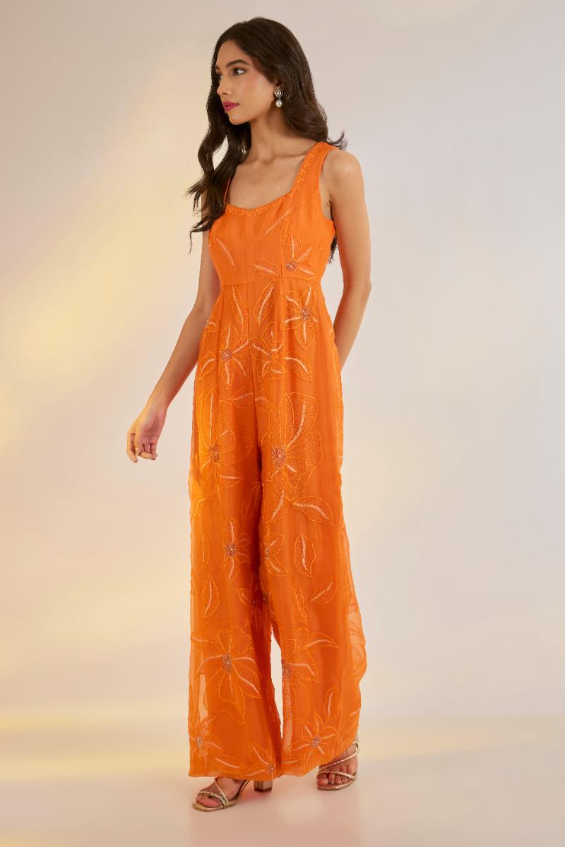 Orange Hand Embroidered Organza Jumpsuit | Shruti rawal