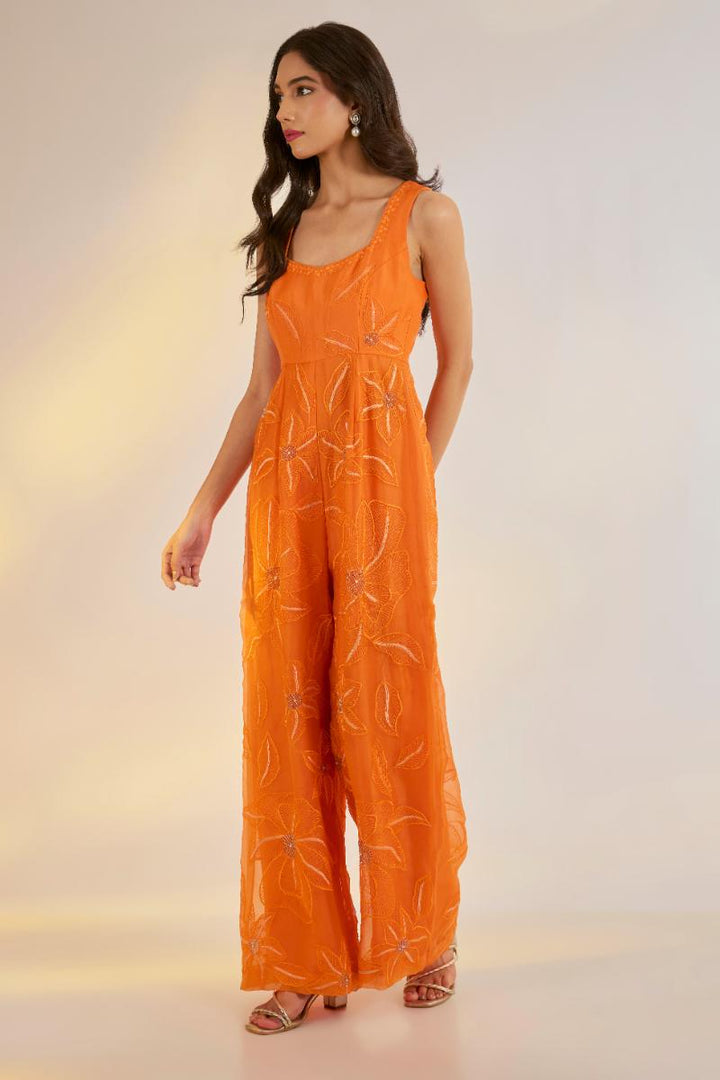 Orange Hand Embroidered Organza Jumpsuit | Shruti rawal