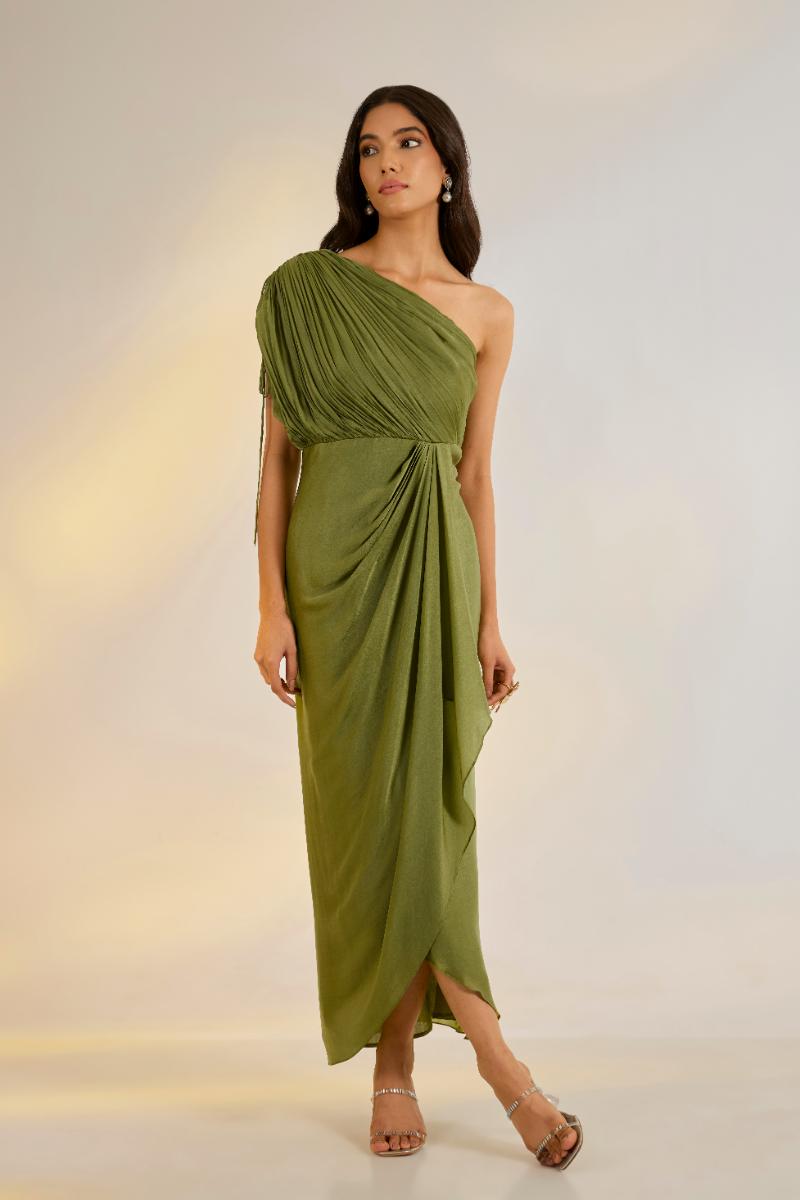 Olive Green Cowl Drape Dress| Shruti rawal