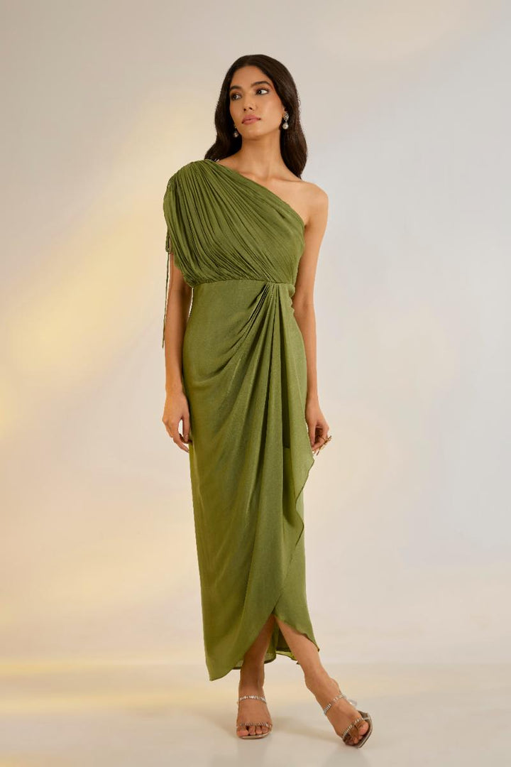 Olive Green Cowl Drape Dress| Shruti rawal