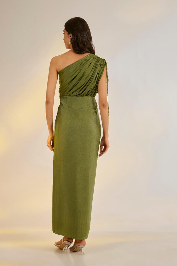 Olive Green Cowl Drape Dress| Shruti rawal