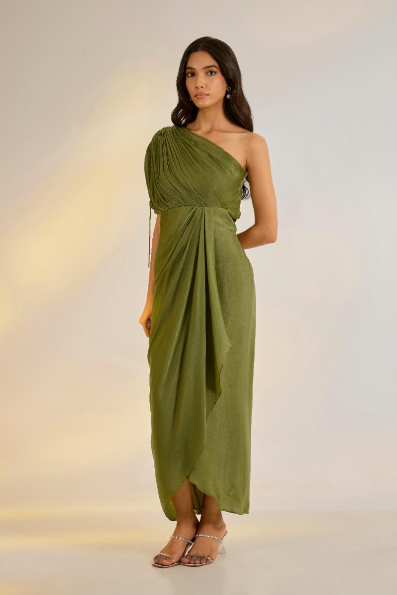Olive Green Cowl Drape Dress| Shruti rawal