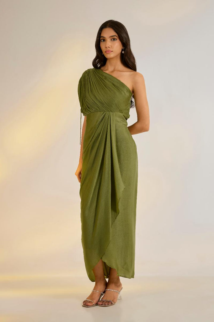 Olive Green Cowl Drape Dress| Shruti rawal