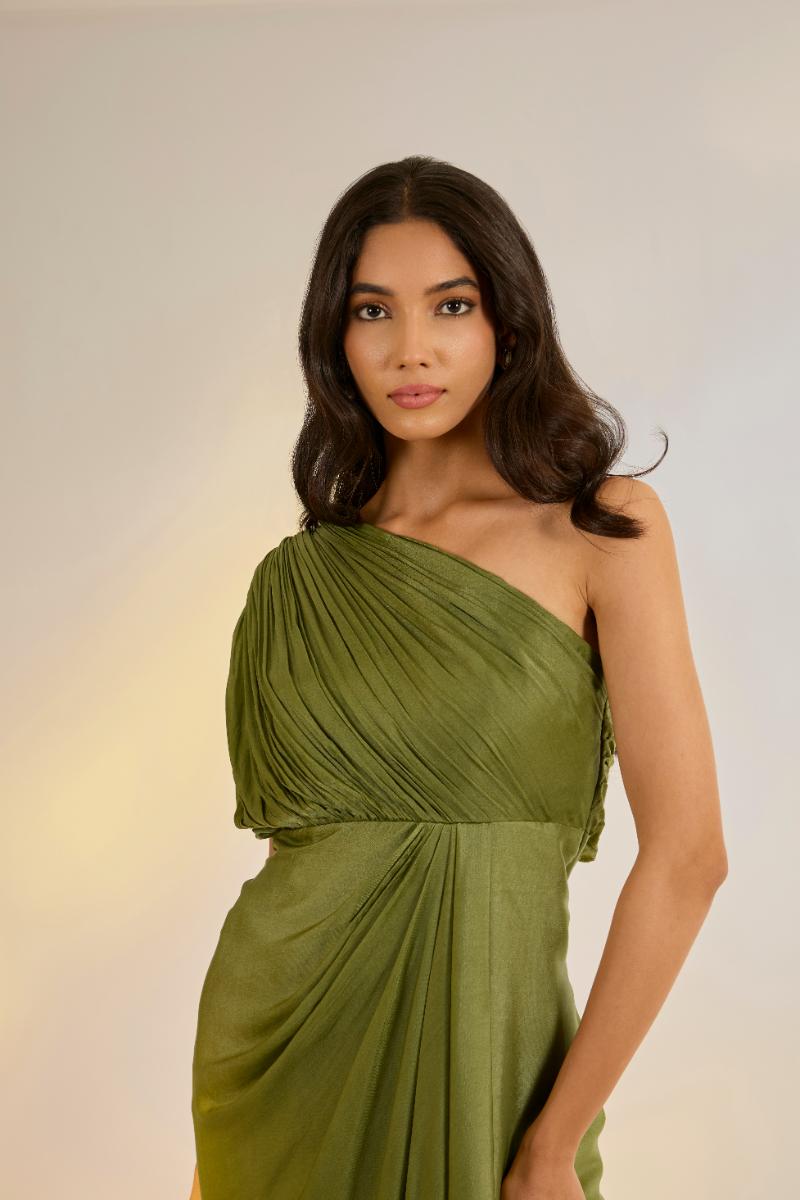 Olive Green Cowl Drape Dress| Shruti rawal