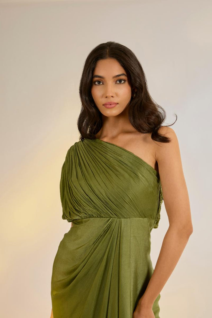 Olive Green Cowl Drape Dress| Shruti rawal