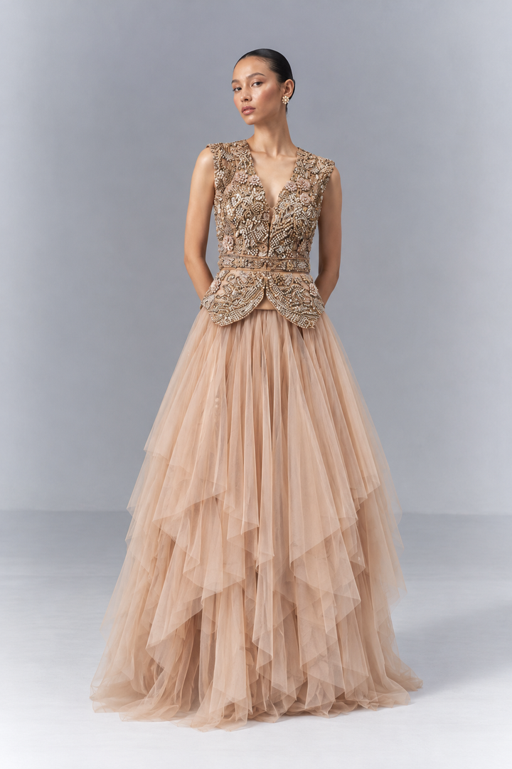Champagne Gold Embroidered Peplum & Tiered Net Skirt Set|VARUN BAHL