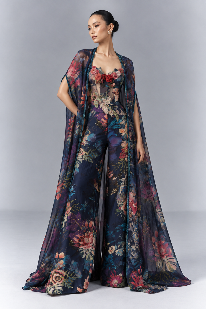Midnight Botanical Printed Jumpsuit with Sheer Cape |VARUN BAHL