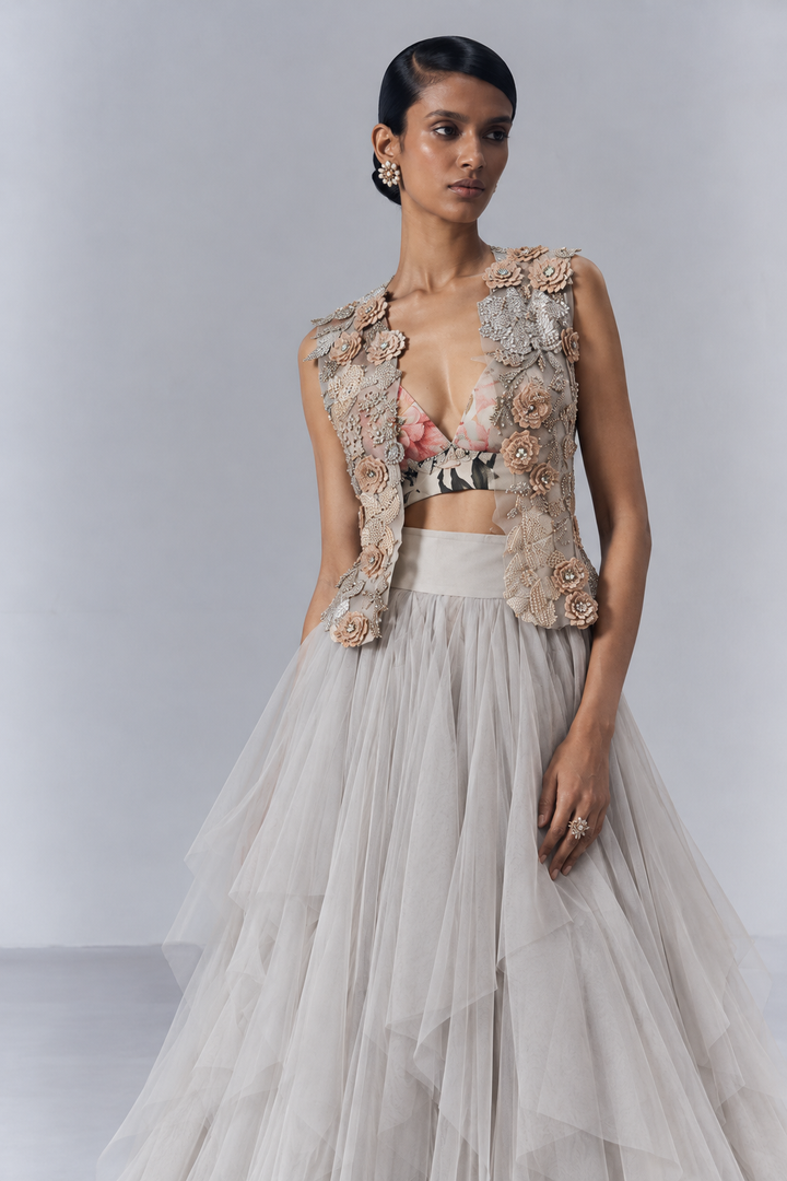 Ethereal Powder Blue Layered Skirt Set with Embellished Jacket |VARUN BAHL