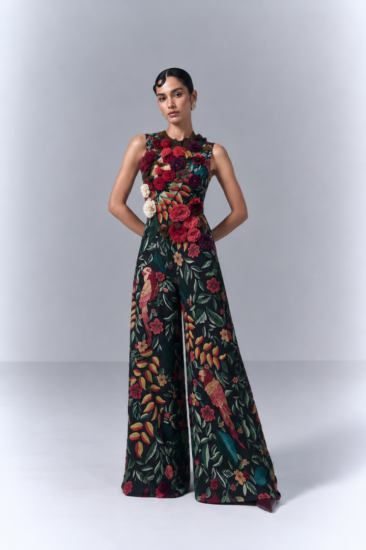 Black Floral Applique & Embroidered Top and Pants Set|VARUN BAHL