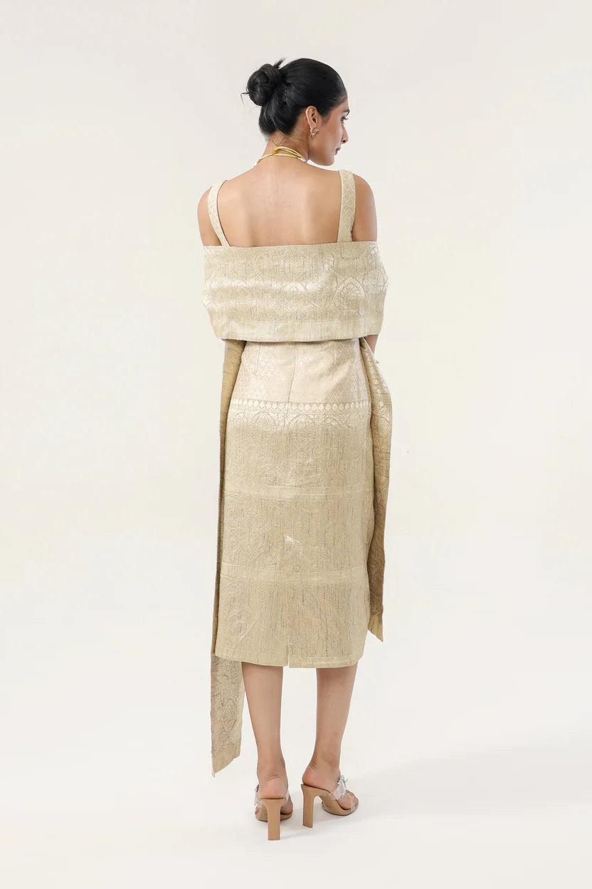 Banarsi Jamawari Calf-Length Dress with Munga Stole| Essence by Monika