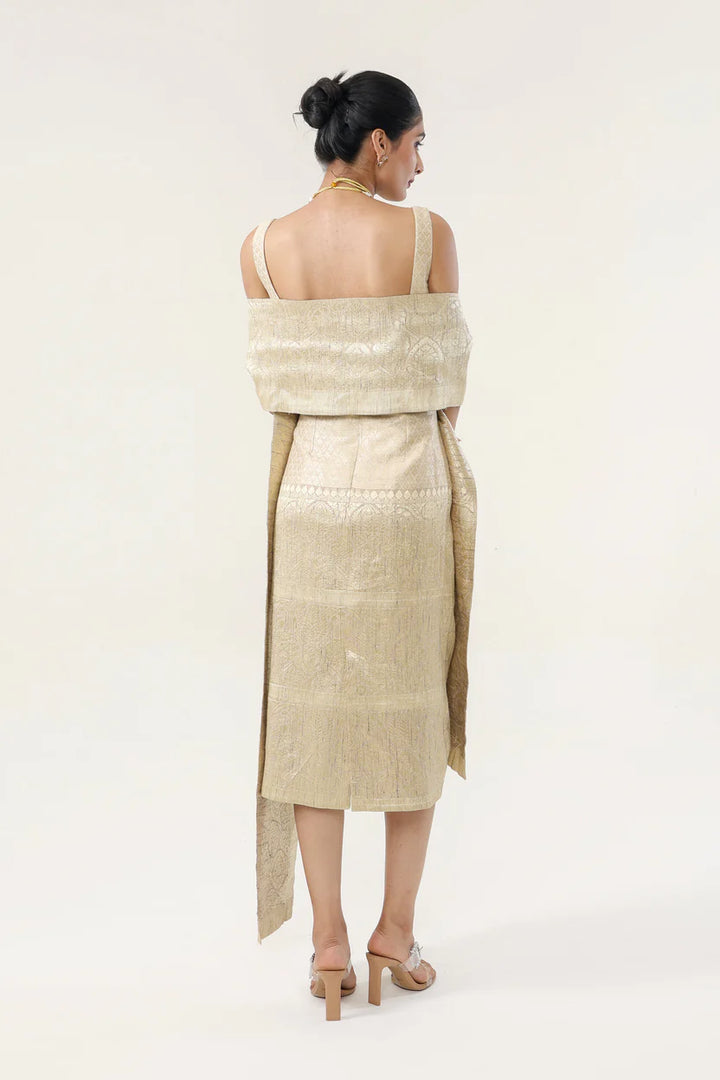 Banarsi Jamawari Calf-Length Dress with Munga Stole| Essence by Monika