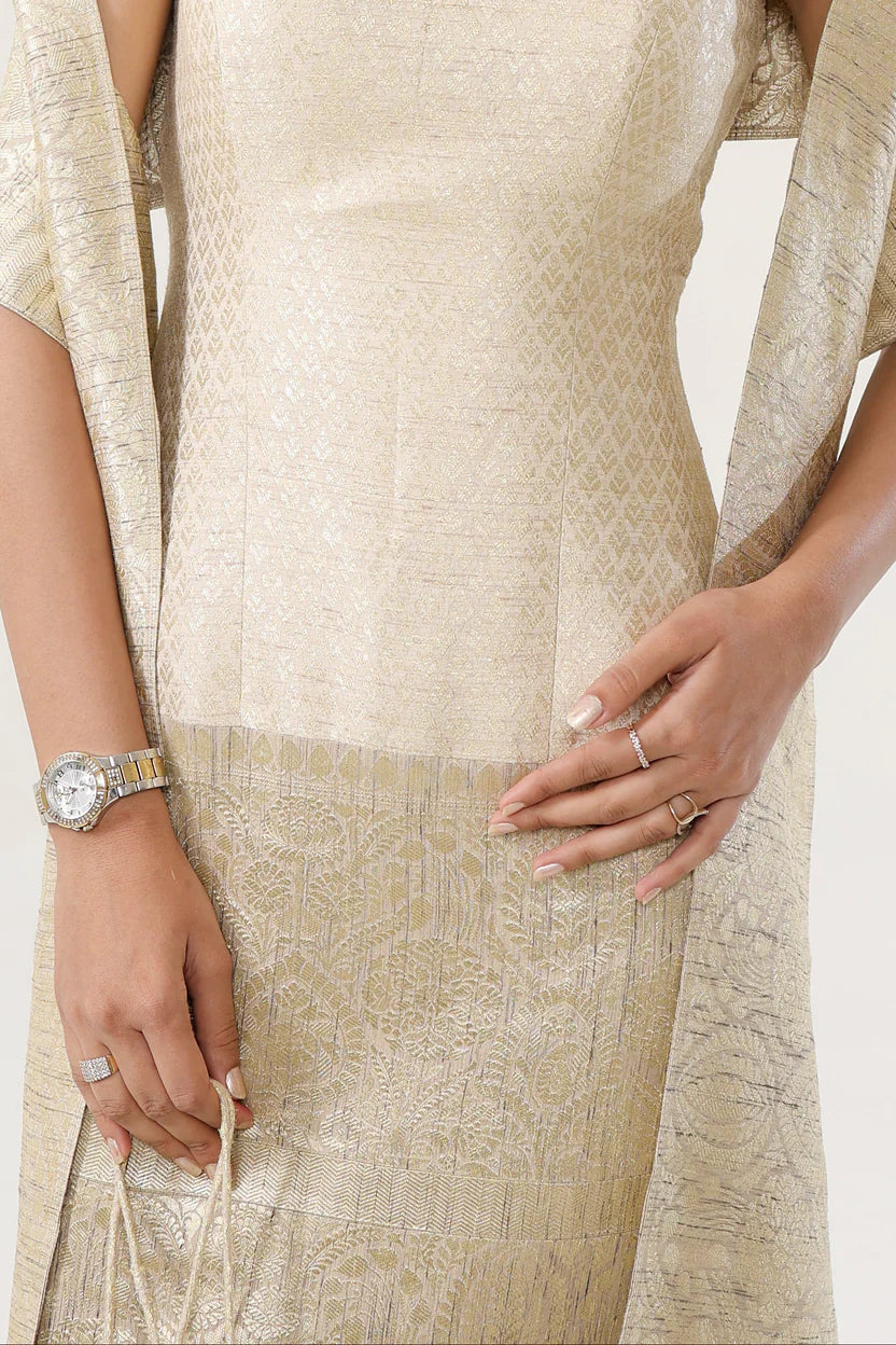 Banarsi Jamawari Calf-Length Dress with Munga Stole| Essence by Monika