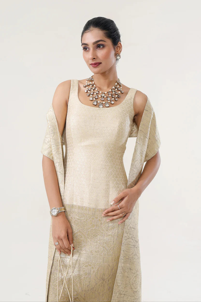 Banarsi Jamawari Calf-Length Dress with Munga Stole| Essence by Monika