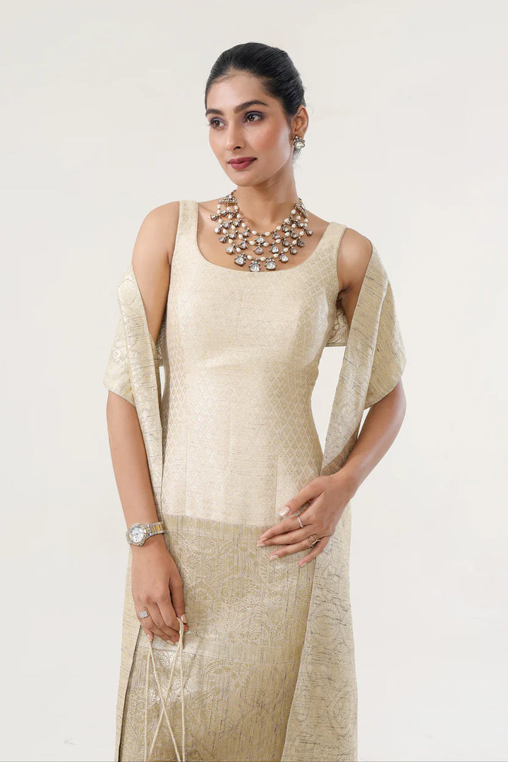 Banarsi Jamawari Calf-Length Dress with Munga Stole| Essence by Monika