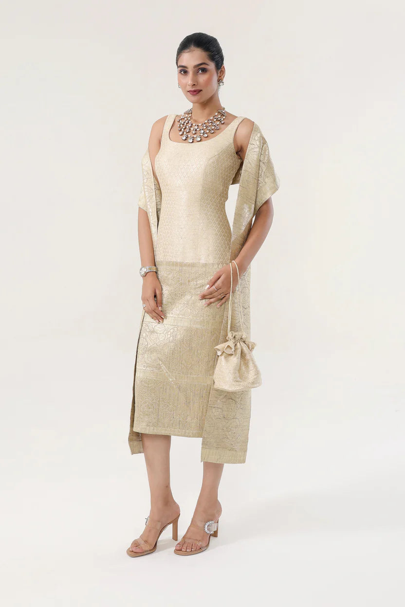 Banarsi Jamawari Calf-Length Dress with Munga Stole| Essence by Monika