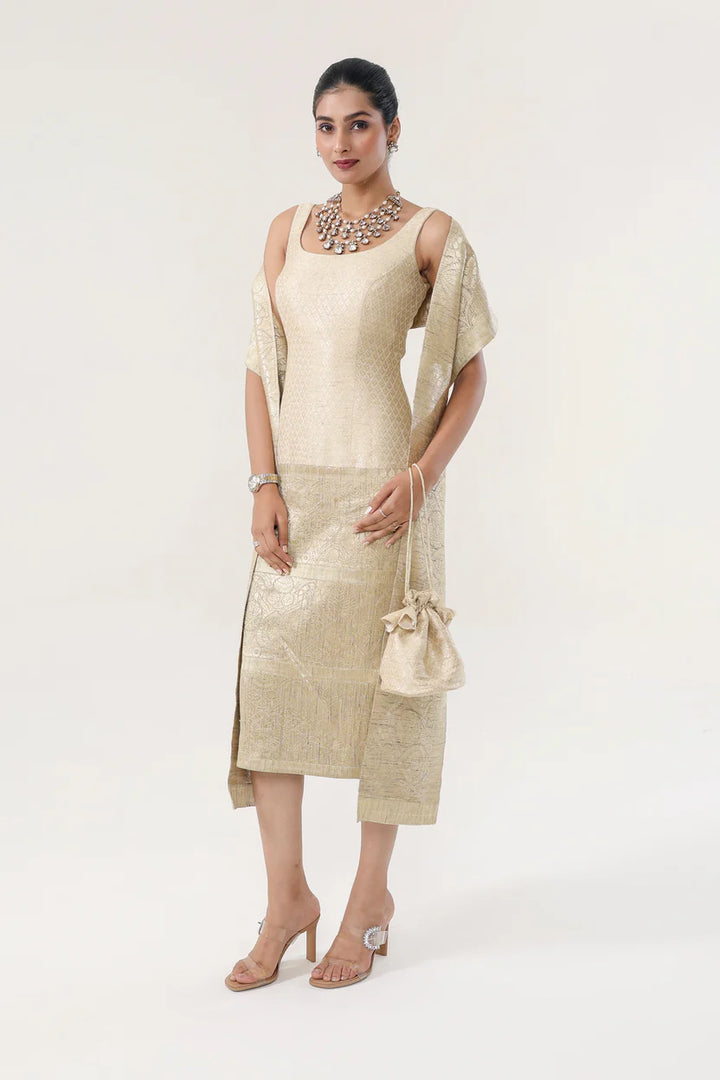 Banarsi Jamawari Calf-Length Dress with Munga Stole| Essence by Monika