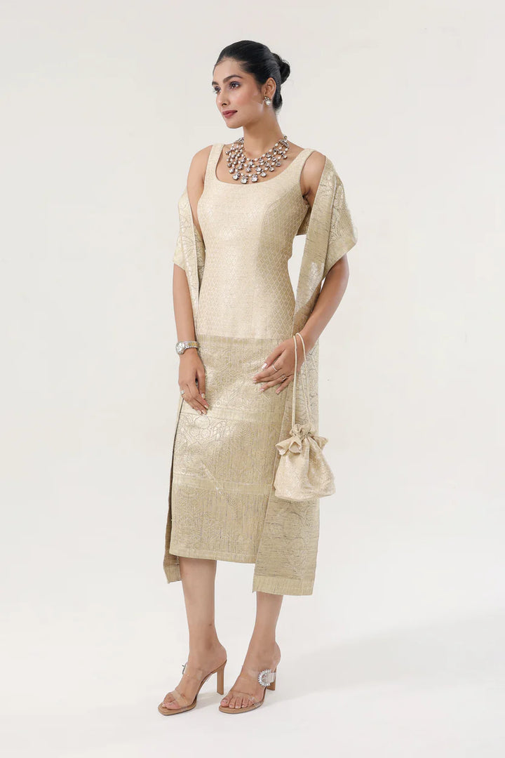 Banarsi Jamawari Calf-Length Dress with Munga Stole| Essence by Monika