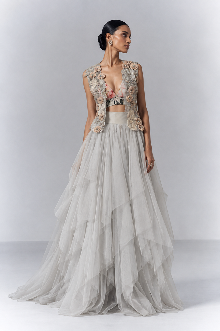 Ethereal Powder Blue Layered Skirt Set with Embellished Jacket |VARUN BAHL