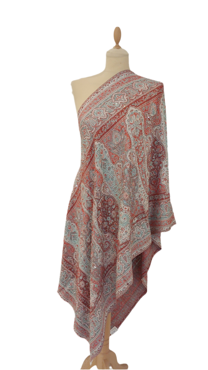 Simi Red and Turquoise Cashmere With Rhinestones Scarf