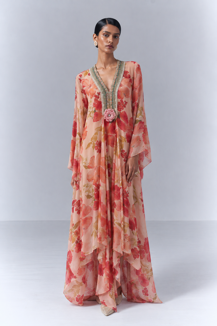 Peach Printed Front-Open Kaftan Set | VARUN BAHL