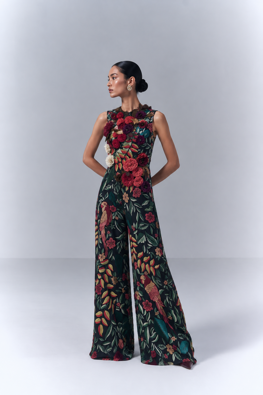 Black Floral Applique & Embroidered Top and Pants Set|VARUN BAHL