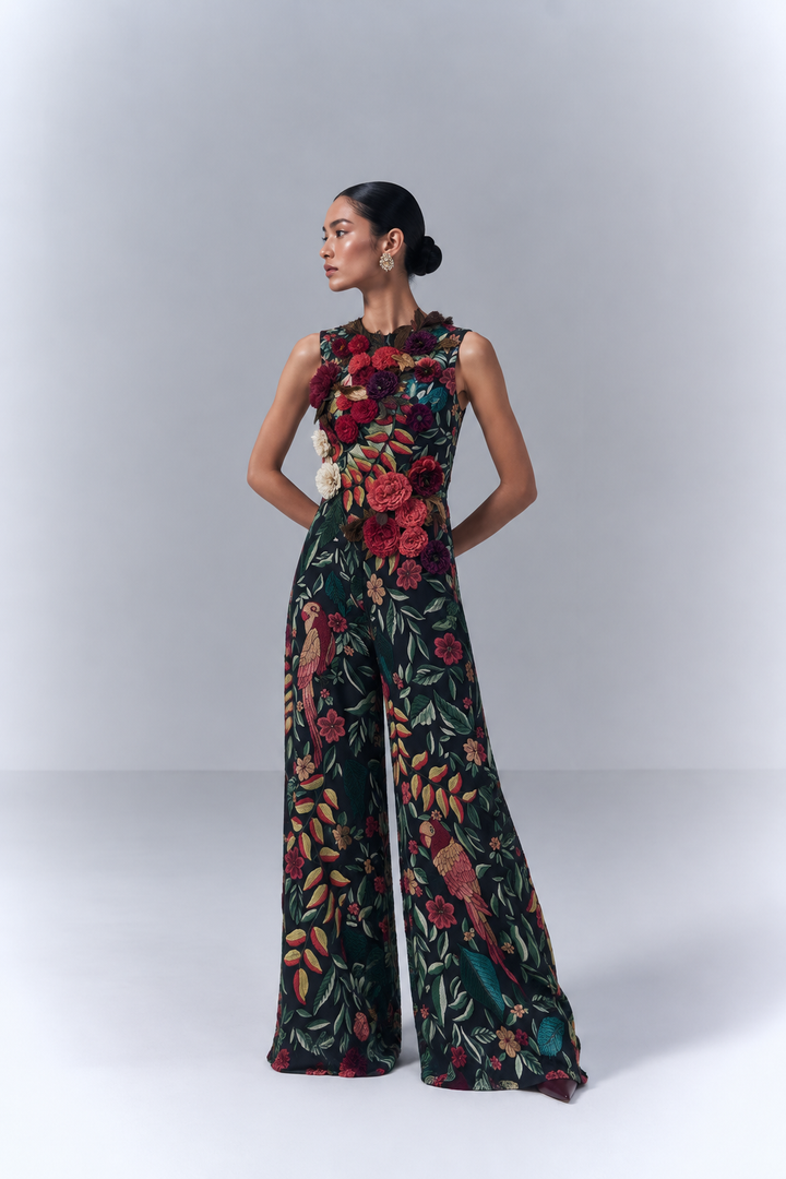 Black Floral Applique & Embroidered Top and Pants Set|VARUN BAHL