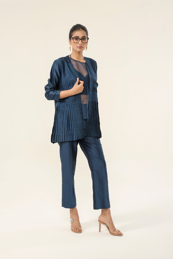 Navy Blue Formal Pleated Co-Ord Set Ensemble | Essence by Monika