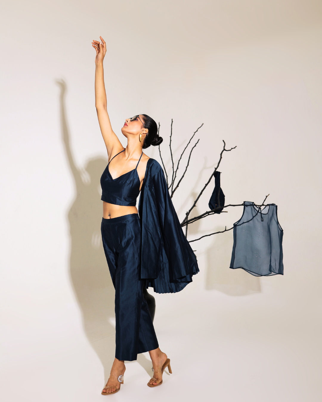 Navy Blue Formal Pleated Co-Ord Set Ensemble | Essence by Monika
