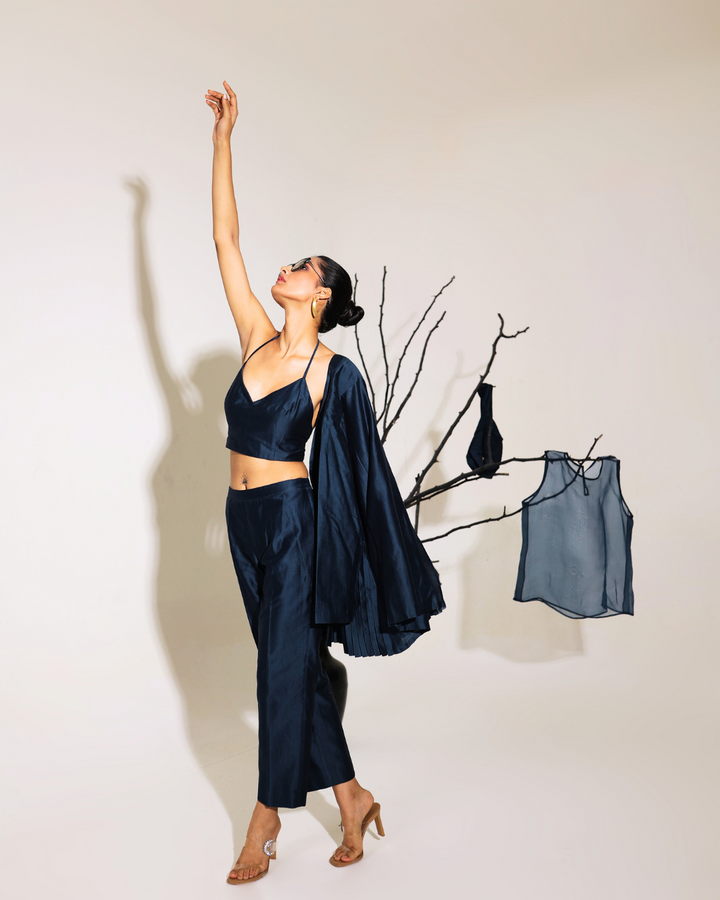 Navy Blue Formal Pleated Co-Ord Set Ensemble | Essence by Monika