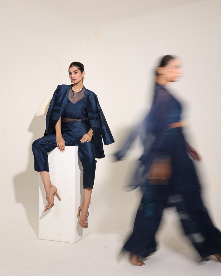 Navy Blue Formal Pleated Co-Ord Set Ensemble | Essence by Monika